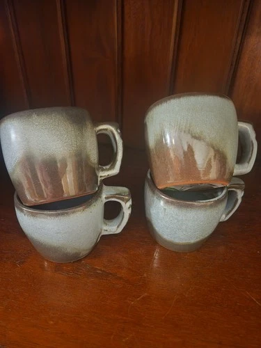 (4) Vintage Frankoma Pottery Cups, 5C Blue, Green, Brown, 3" Tall x 3.5" Wide