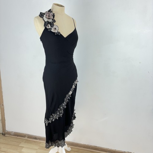 Karen Millen Midi Dress Vintage Silk Black Y2K Asymmetric Bias Cut Fairy UK 6 - Picture 20 of 23