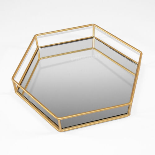 Gold Decorative Tray Home Decor Hexagon Mirror Glass Candle Plate Vanity Perfume