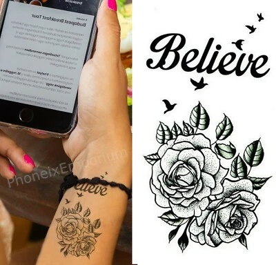 Temporary Tattoo Black Roses Believe and Birds Fake Body Art Sticker Waterproof