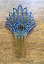 Vintage Early Art Deco Amber Celluloid Fan Hair Comb With Blue Rhinestone's