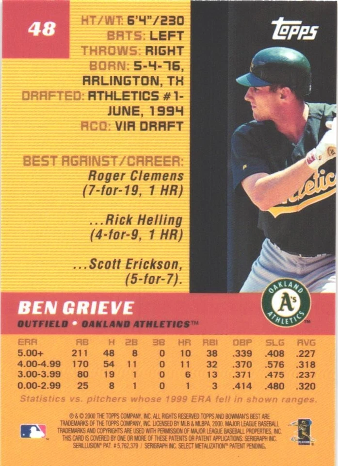 2000 Bowman's Best - Ben Grieve #48 Oakland Athletics - Image 2 of 2
