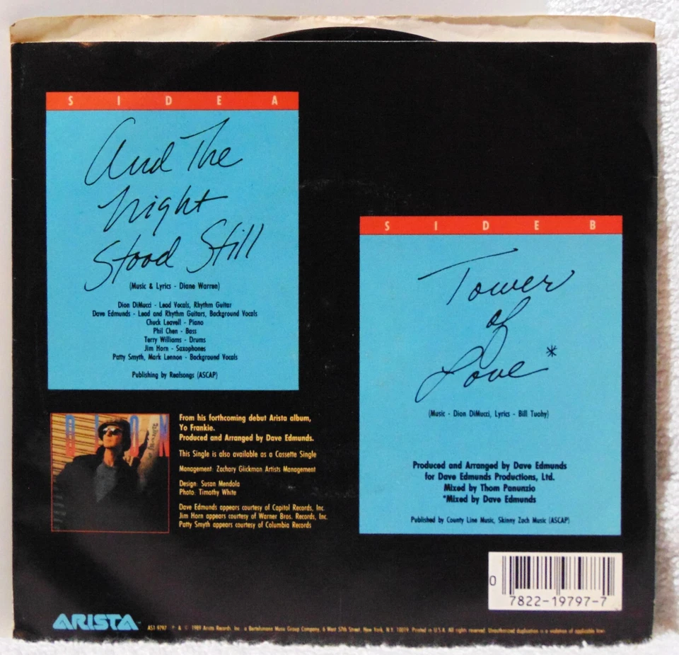 Dion – And The Night Stood Still - 1989 Arista 7" 45 Single + Picture Sleeve EX Foto 2 de 4