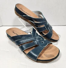 Bare Traps Garnie Blue Leather Sandals Size 7M Strappy Open Toe Slip On Slide