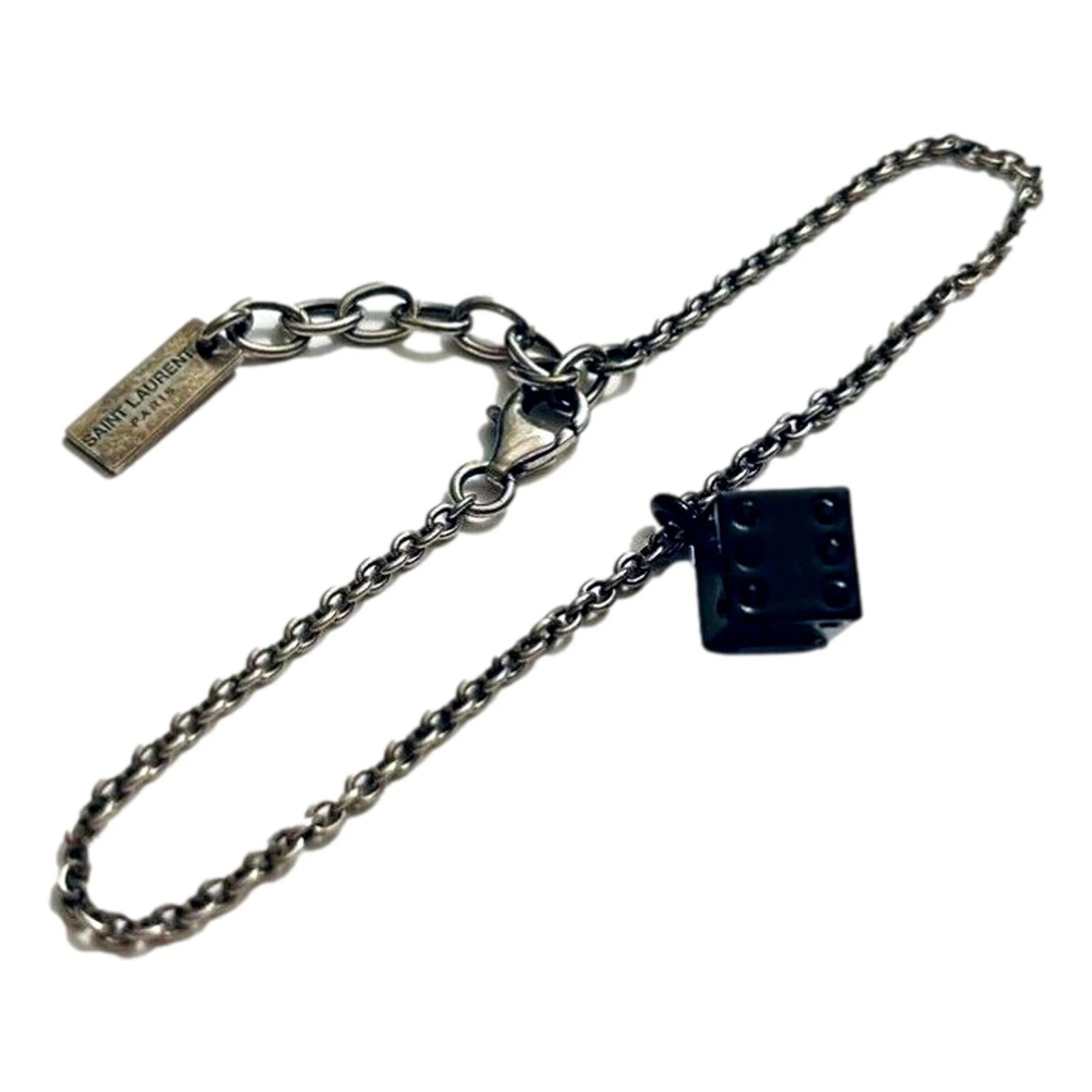 SAINT LAURENT (YSL) Bracciale Saint Laurent Des Toile Viscosa Radio Argento Catena Nera NUOVO