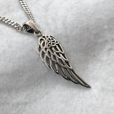 Handcrafted 925 Sterling Silver Angel Wing Bird Feather Celtic Triquetra Pendant
