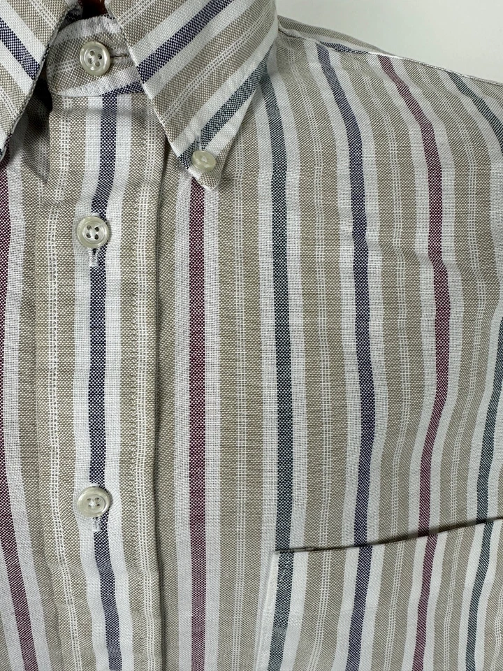 Vintage 80s Arrow Dover Chambray Shirt Men Large Beige Striped Long Sleeve USA - Image 2 of 4