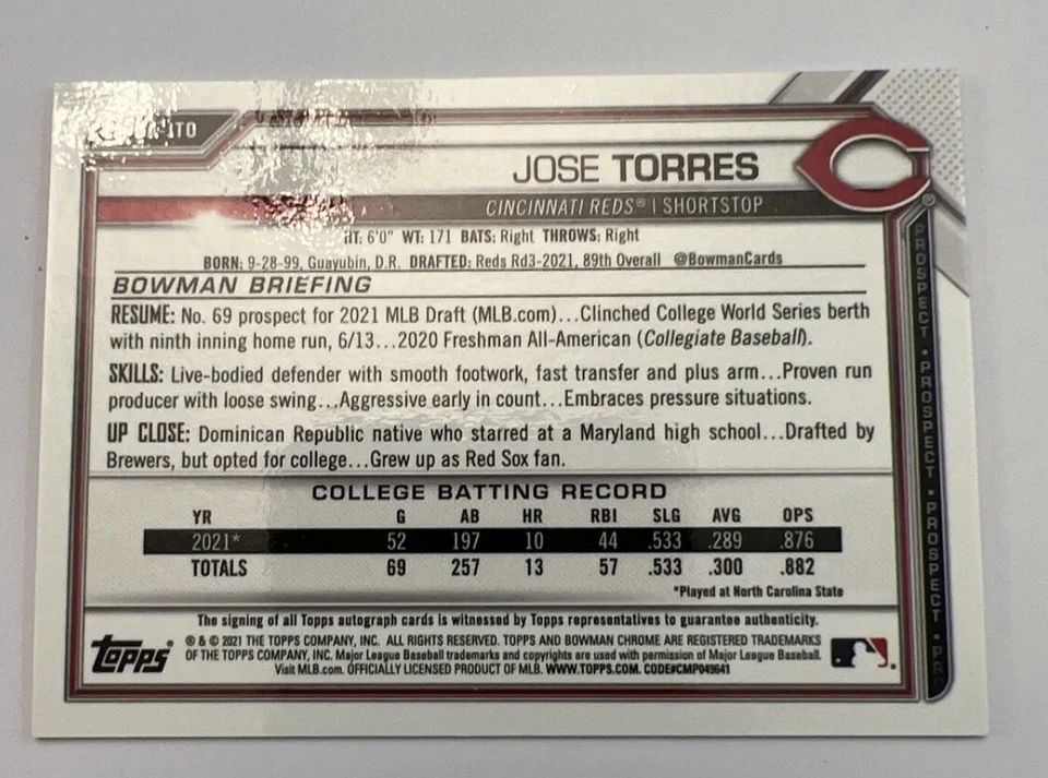 2021 BOWMAN CHROME DRAFT JOSE TORRES RED WAVE REFRACTOR AUTO #’d 5/5 - Image 2 of 2