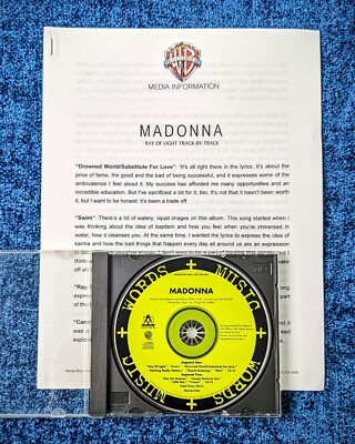MADONNA WORDS + MUSIC PROMO CD  w/ RAY OF LIGHT TRACK BY TRACK WB PRESS RELEASE