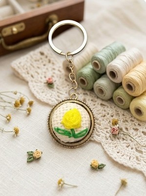 Embroidery Handmade Keychain Metal Yellow Rose New Women Clothing Accessories