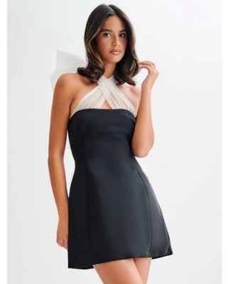 Meshki Evelina Black Mesh Halter Mini Dress Open Back Party Size Small S Chic