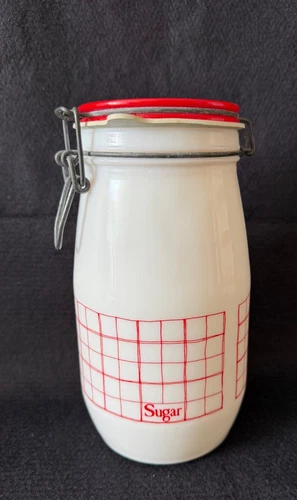 Vintage MCM Deco Wheaton Milk Glass Sugar Canister Red Grid 1.5L Red Lid
