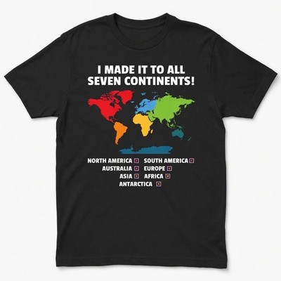 Seven Continents Travel Checklist T-Shirt World Map Graphic Tee