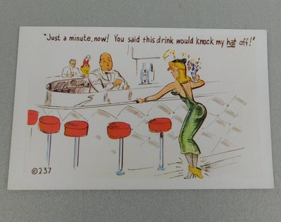 Vintage KromeKolor Comic Card Postcard Risque Bar Humor Knock My Hat Off 50s 60s
