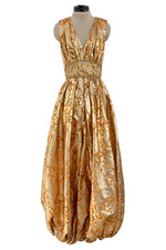 Vintage 1960's Davison's Gold Metallic Brocade Pouf Leg Jumpsuit w/ Beads