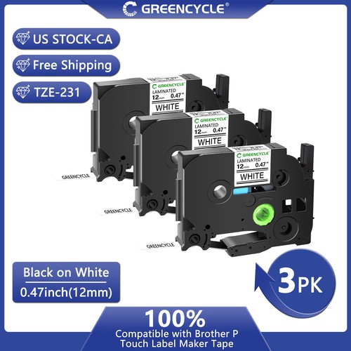 3PK Brother P-Touch TZe-231 TZ-231 12mm Black/White Standard Laminated Tape 0.47