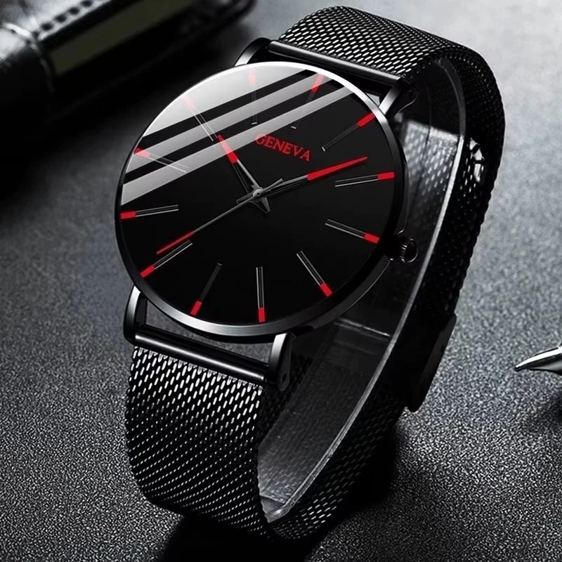 Mens Watches Black & Red Wrist Watch with Mesh Strap Quartz Watch mens UK - Image 2 of 4
