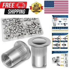 8-32 UNC Rivet Nut, 100Pcs 304 Stainless Steel Flat Head Rivnut Threaded Inse...
