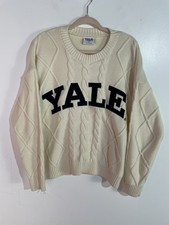 Yale University Sweater Womens L Beige Spell-out Cable Knit Fisherman Chunky