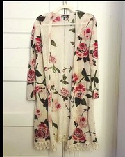 Freshman 1996 Floral Kimono Small Floral Print Open Front Duster Lace Hem Boho