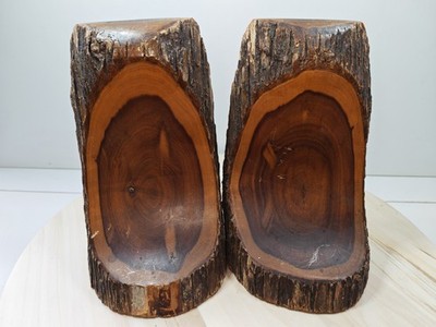 Mid Century Australian Mulga Wood Bookends Rare Acacia Timber Natural Bark Decor