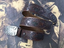 RRL Double RL Vintage Style Navajo Sun Symbol Tooled Brown Leather Belt Size 34