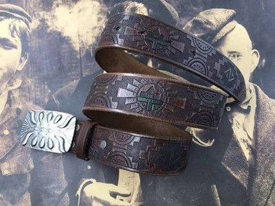 RRL Double RL Vintage Style Navajo Sun Symbol Tooled Brown Leather Belt Size 34