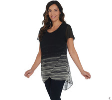 H by Halston Regular Ombre Printed Chiffon Overlay Short Sleeve Tunic in Black L