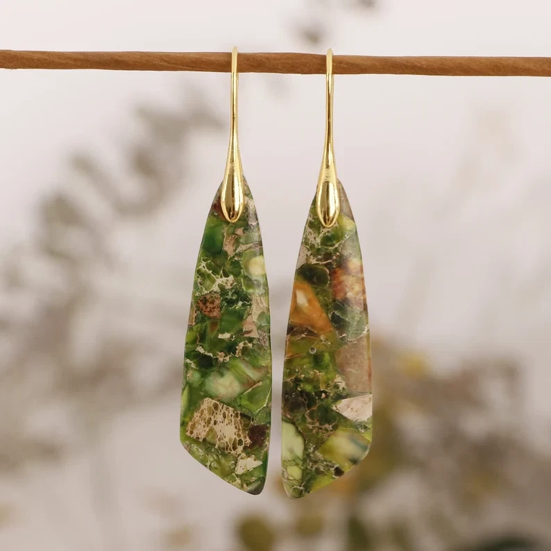 Green Sea Sediment Jasper Stone Dangle Earrings Natural Gemstone Drop Earrings - Image 3 of 4