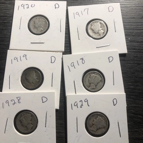 1917-1929 D MERCURY DIMES. FINE CONDITION. KEY DATES 6 Coins