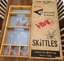 Vintage Skittles Bowling Game In Box Carrom 11 Pins 2 Tops - Missing 1 Pin