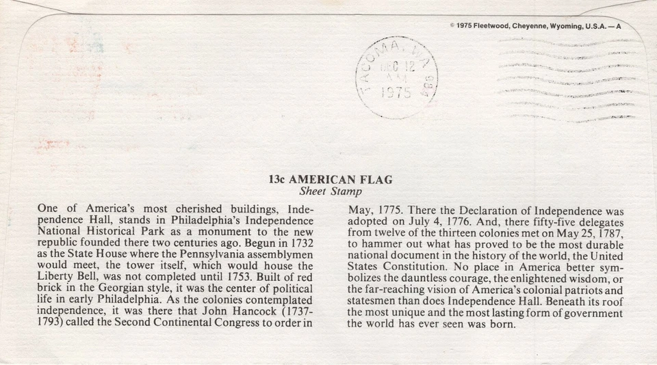 USPS FDC #1622 1975 13c Flag Over Independence Hall Pane of Four ST2011 - Image 2 of 2