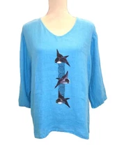 Match Point Top Womens M Linen Blue Shirt Sparrow Birds Artsy Made in USA
