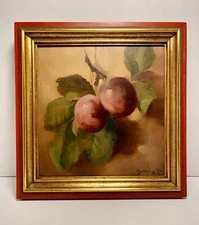 Vintage PLUMS Still Life Oil on Board Painting Signed 8" x 8"