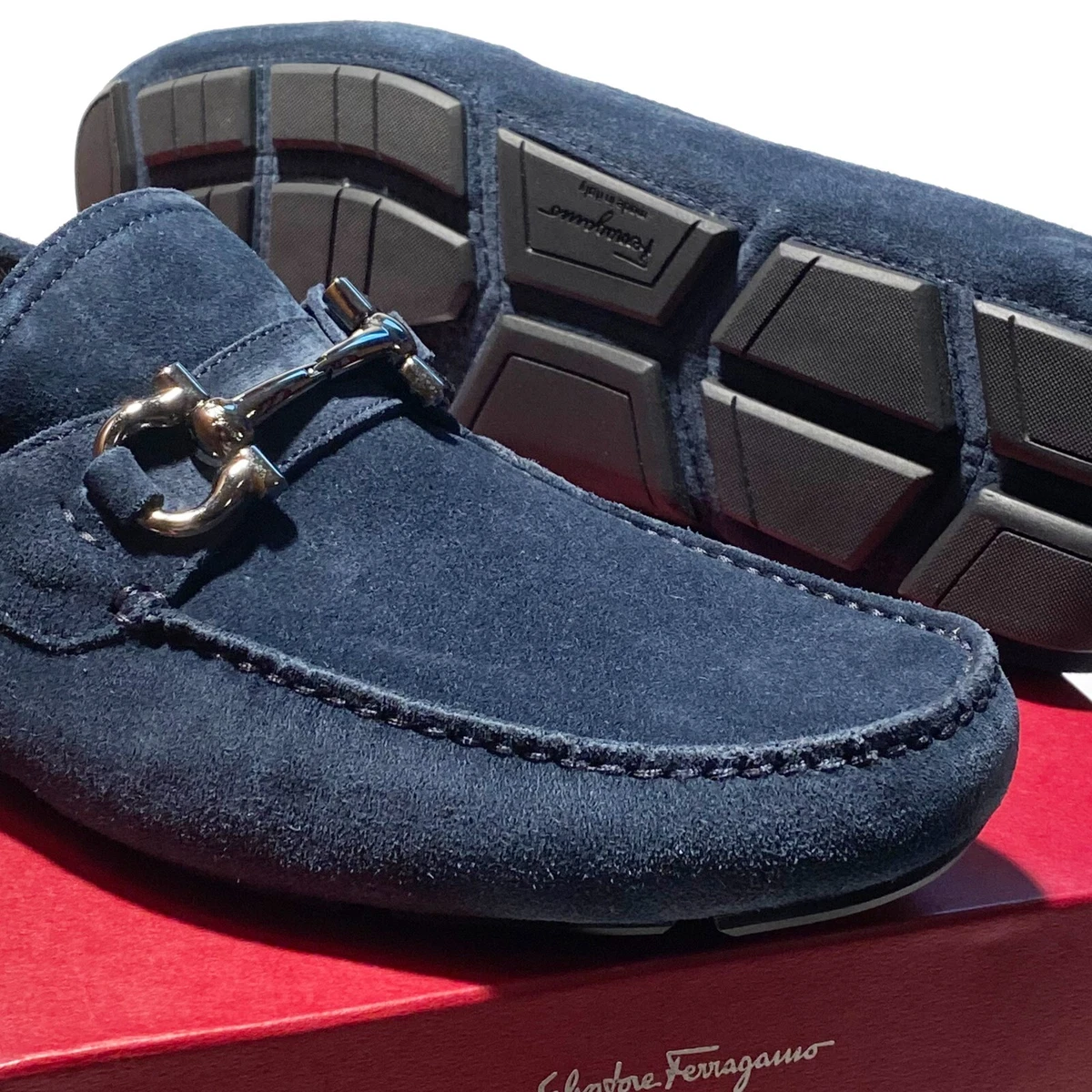 Ferragamo Gancini Blue Suede Parigi Leather Men s Dress Slip on Driver Loafers