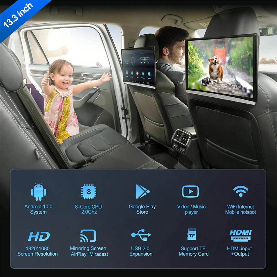 13.3"Android 10.0 Car Headrest Monitor Touch Screen Bluetooth HDMI 1080P WIFI FM - Bild 2 von 4