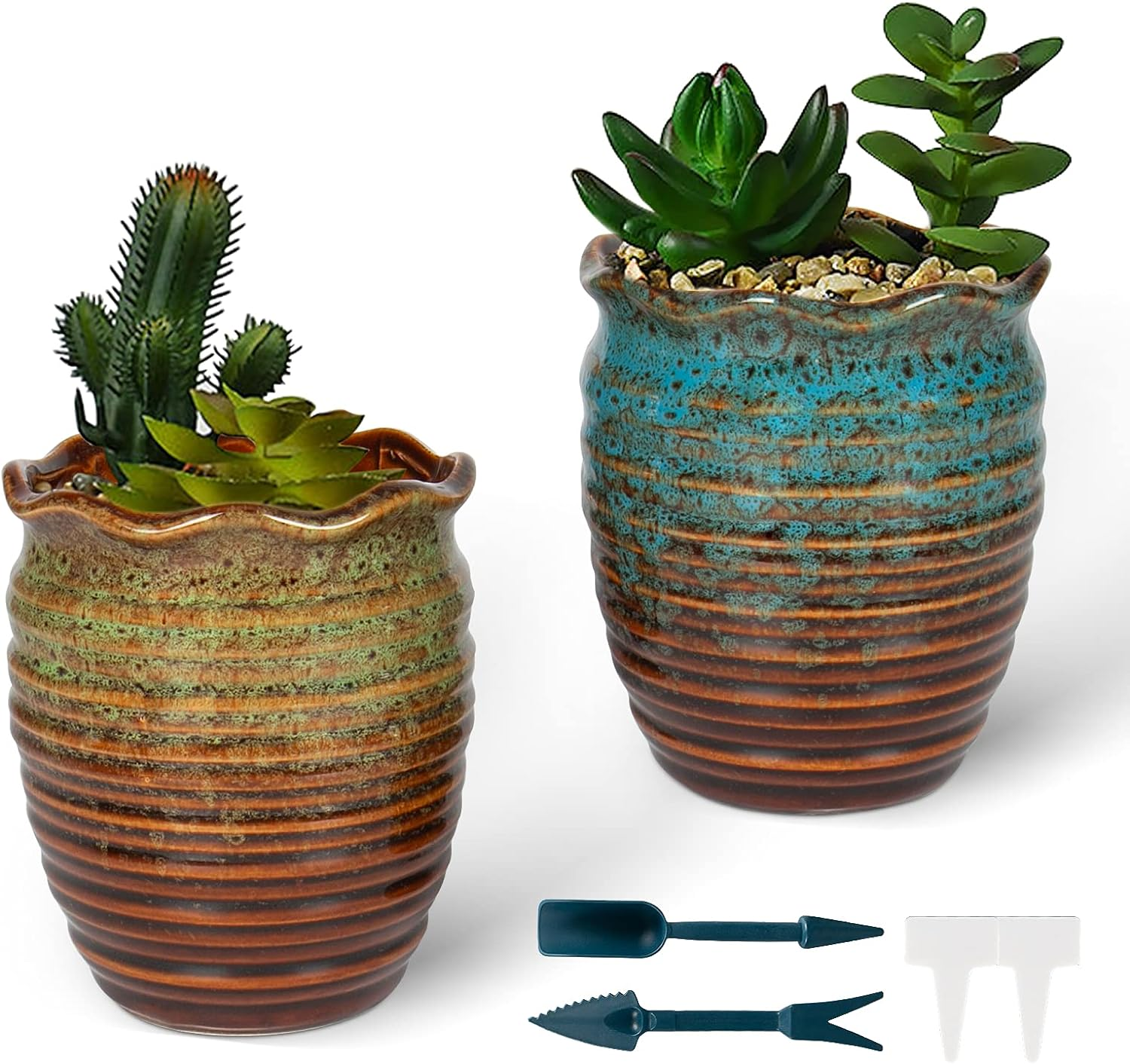 2 Pack Ceramic Plant Pots - Flower Pots with Drainage Hole Classical Old Pile Pl