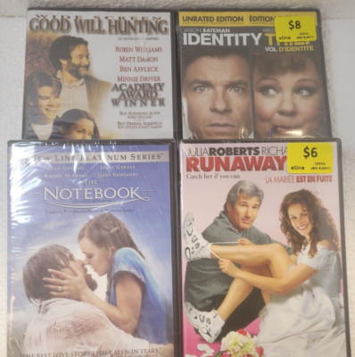 4 sealed DVDs The Note Book, Good will Hunting, Runaway Bride & Identity Theft