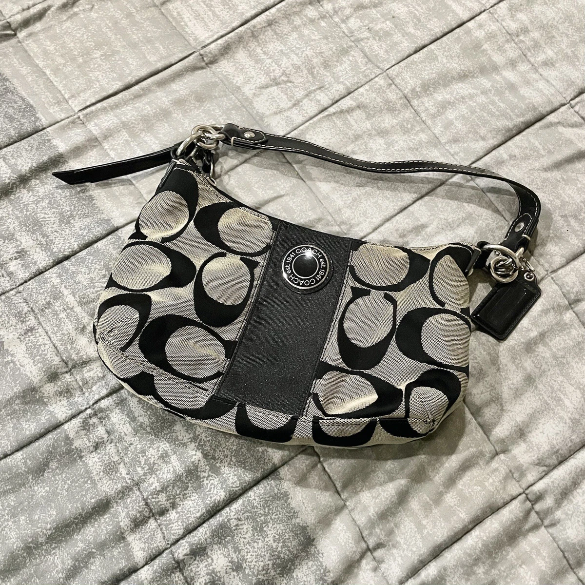 Coach Black Monogram Shoulder Bag Purse Small Zippered