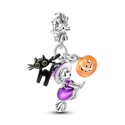 MULA schwarze Katze Kürbis Anhänger Charm AAA CZ für Armband 925 Sterling Silber