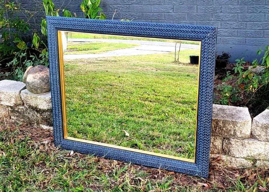 Espejo Largo Completo 37x29.75", Extra Grande Colgante o Inclinado Azul con Borde Dorado Foto 4 de 4