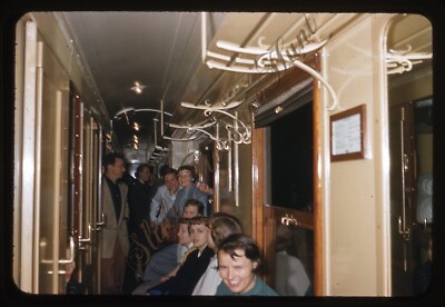 Crowded Train Car Norway Sweden Women 1950s 35mm Slide Red Border Kodachrome