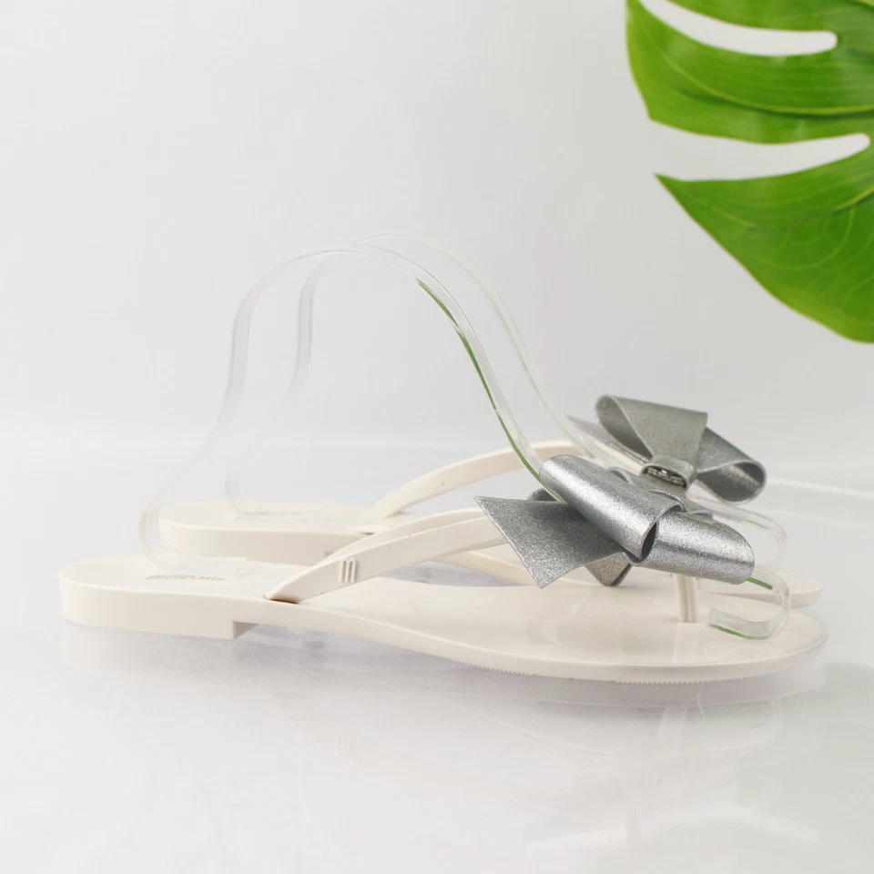 Sandalia armónica Melissa para mujer talla 10 blanca tanga de gelatina grande plateada lazo chanclas Foto 4 de 4