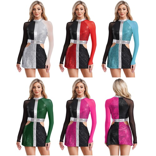Women Dancewear 70s Dresses Hippie Costume Carnival Mini Groovy Color Contrast - Picture 4 of 59
