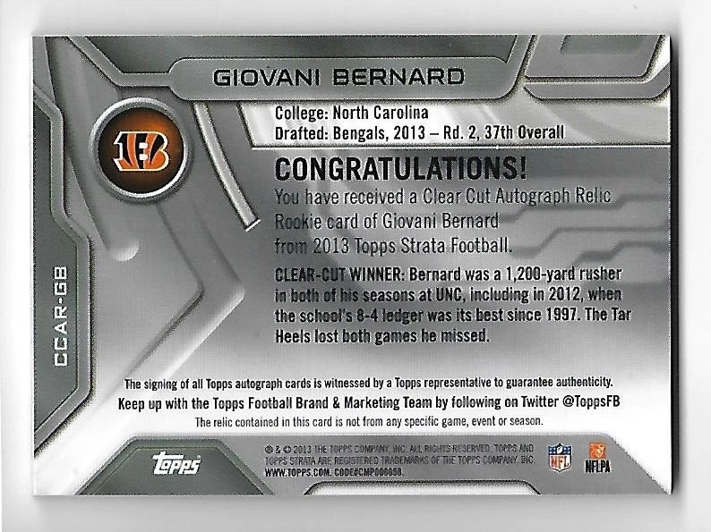 Reliquia autógrafa de corte transparente Topps Strata 2013 GIOVANI BERNARD RC #CARGB automática Foto 2 de 2