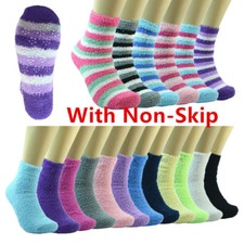 For Women Non-Skid Cozy Fuzzy Soft Winter Striped Solid Slipper Socks 9-11