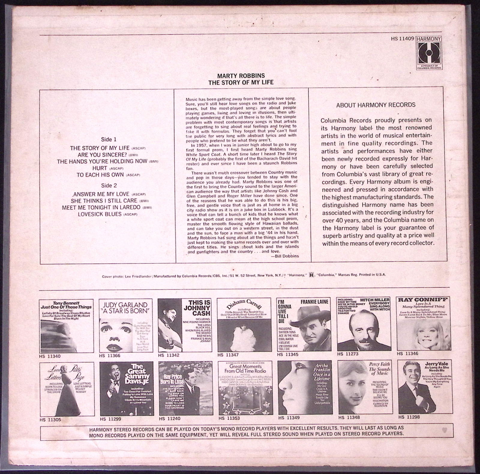 MARTY ROBBINS THE STORY OF MY LIFE HARMONY RECORDS  VINYL LP 149-43K