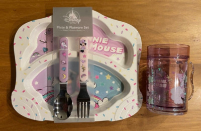 Minnie Tasse Klar Einhorn Design Teller Set Löffel und Gabel Disney Store Jap...