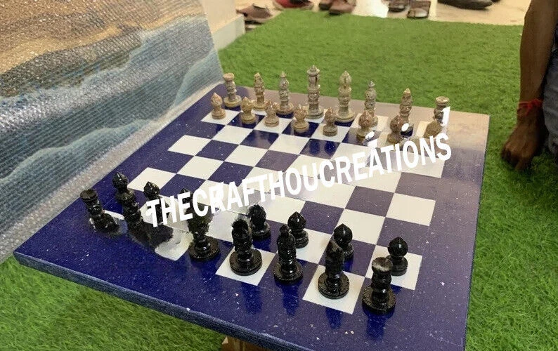 Lapis Lazuli Stone Chess Board With 32 Pieces, Figures Handmade Inlay Chess - Image 2 of 4