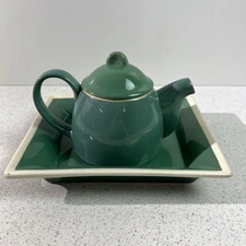 Vintage Celadon Green Colored Teapot & Serving Tray Dish Set Stonewear China